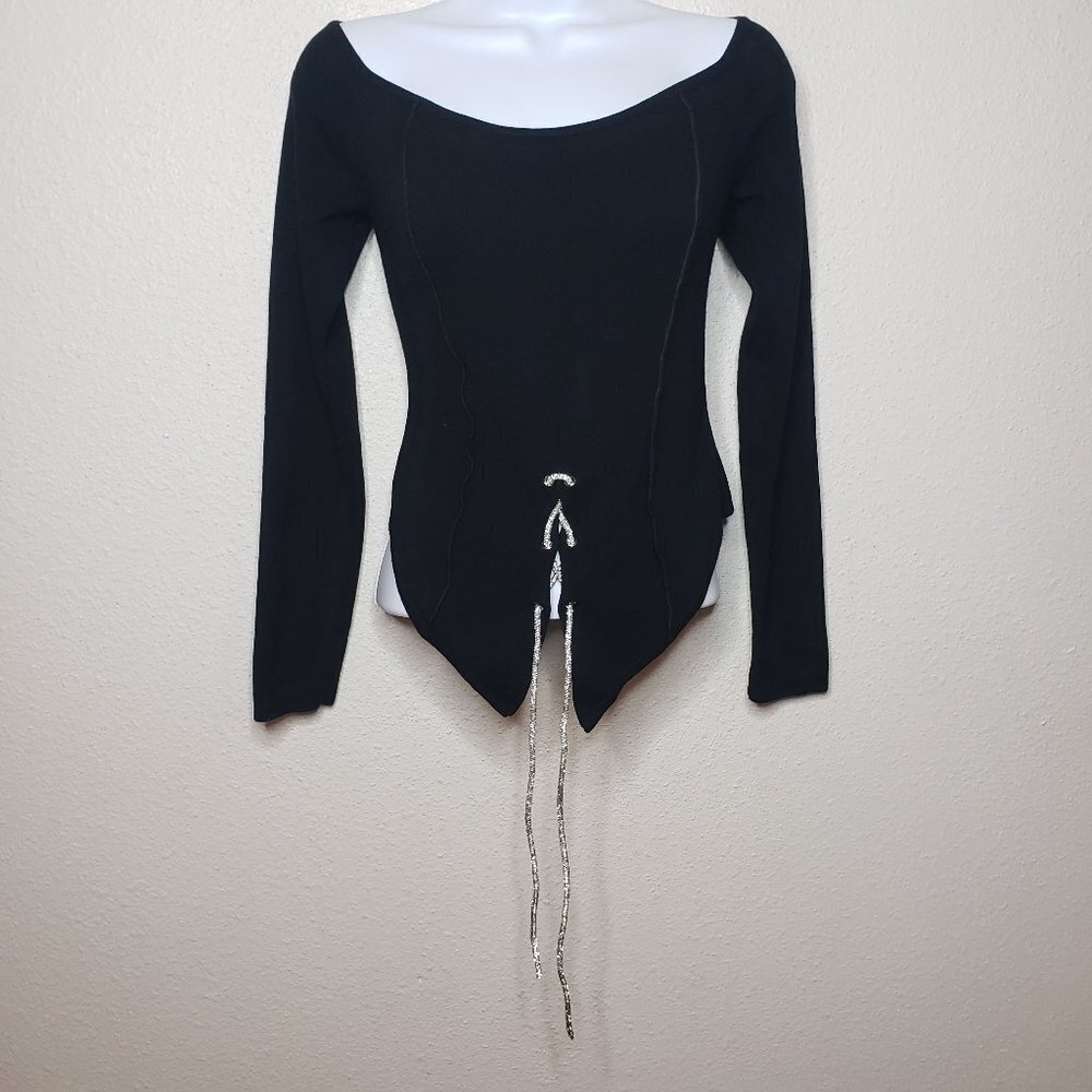 AsYou Sz 10 Boat-Neck Bejeweled Tie Front Blouse, Black(969)